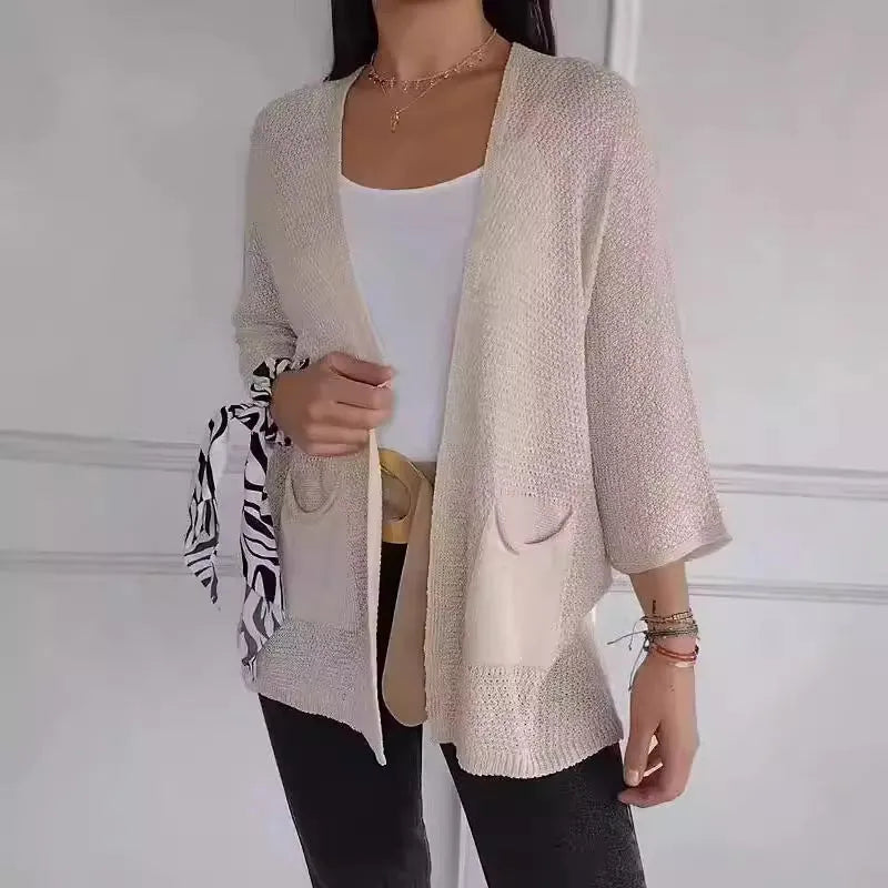 Women's waffle knit cardigan coat with nine-quarter sleeves in army green colour with side pockets