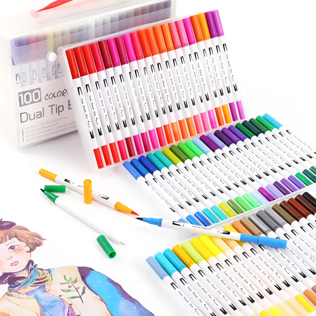 Set of 48 watercolour pens with plastic casings arranged in a case, showcasing a variety of colours for art projects.