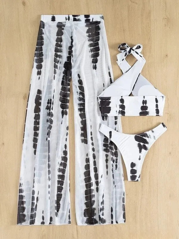 Women's three-piece swimsuit bikini set with mesh trousers in quick-dry polyester fabric
