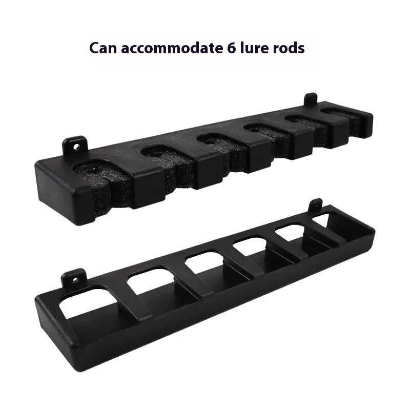 Black ABS plastic wall-mounted fishing rod storage rack showing horizontal and vertical mounting options