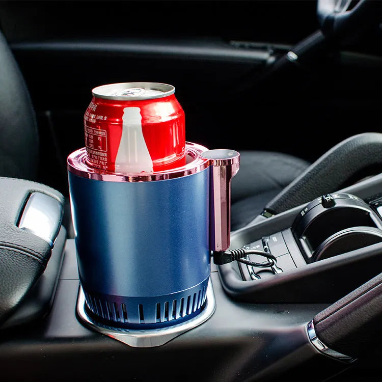 Black 2-in-1 car cup holder with digital temperature display showing heating and cooling functions for vehicle use