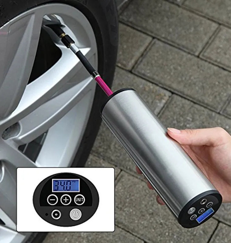 Digital display inflatable pump cylinder with stainless steel finish and hose attached