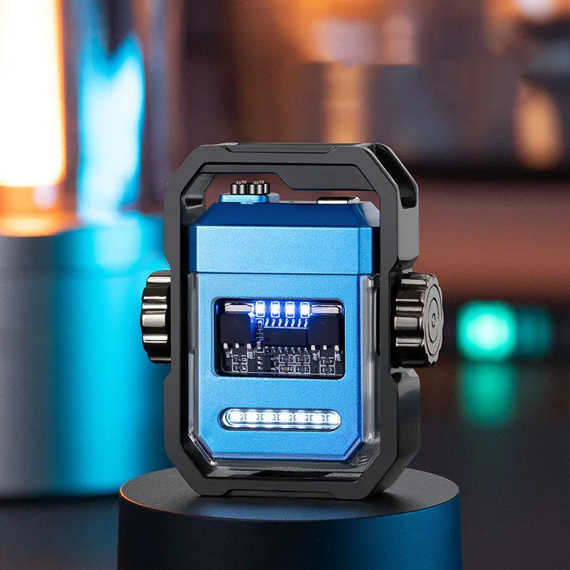 Blue windproof plasma electric lighter with a spinning metal gyroscope and USB Type-C charging port