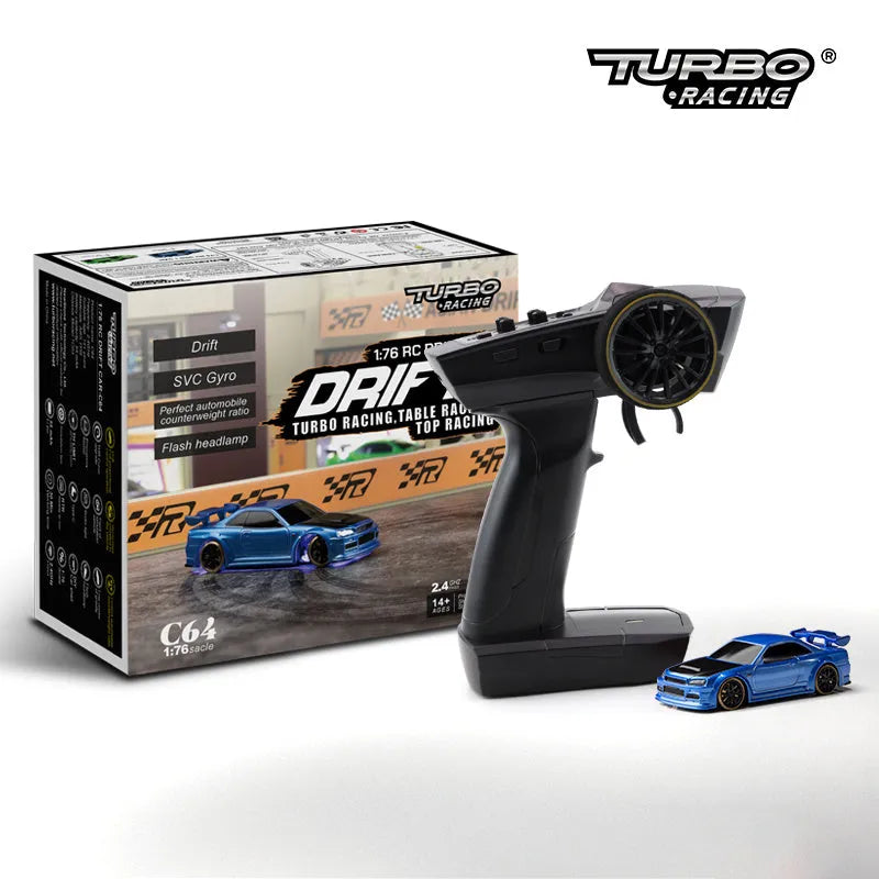 Blue and green Turbo Racing C64 remote control drift cars with handle-style remote controllers