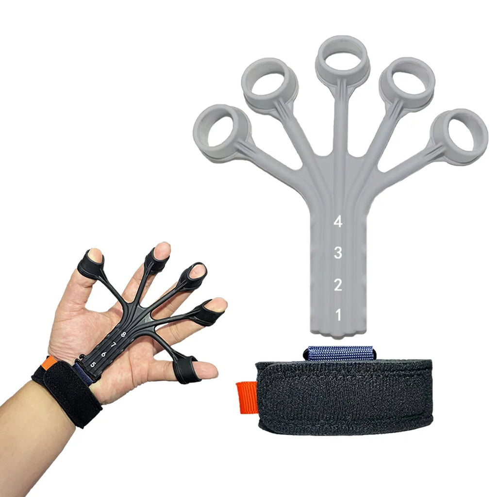 Black and grey silicone finger flexion extension trainer with adjustable elastic belts laid flat.
