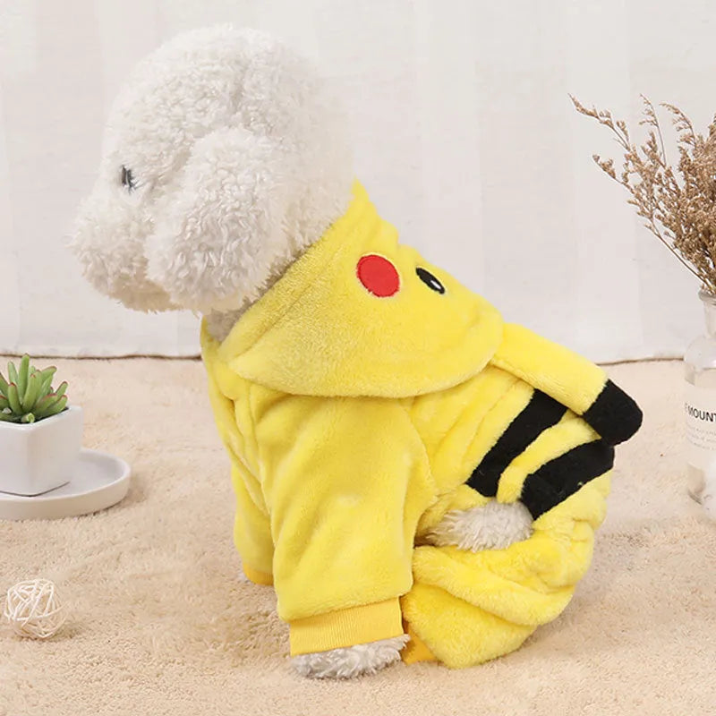 Dog or cat wearing a cartoon-style fleece hooded coat in a cosplay design.