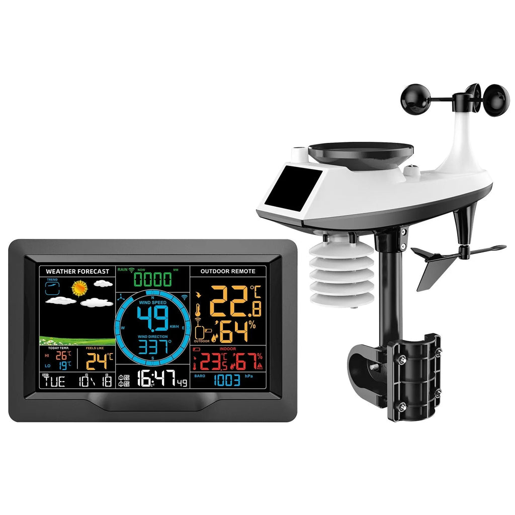 Multifunctional professional weather station with display showing temperature, humidity, wind speed, and rainfall data for indoor outdoor use