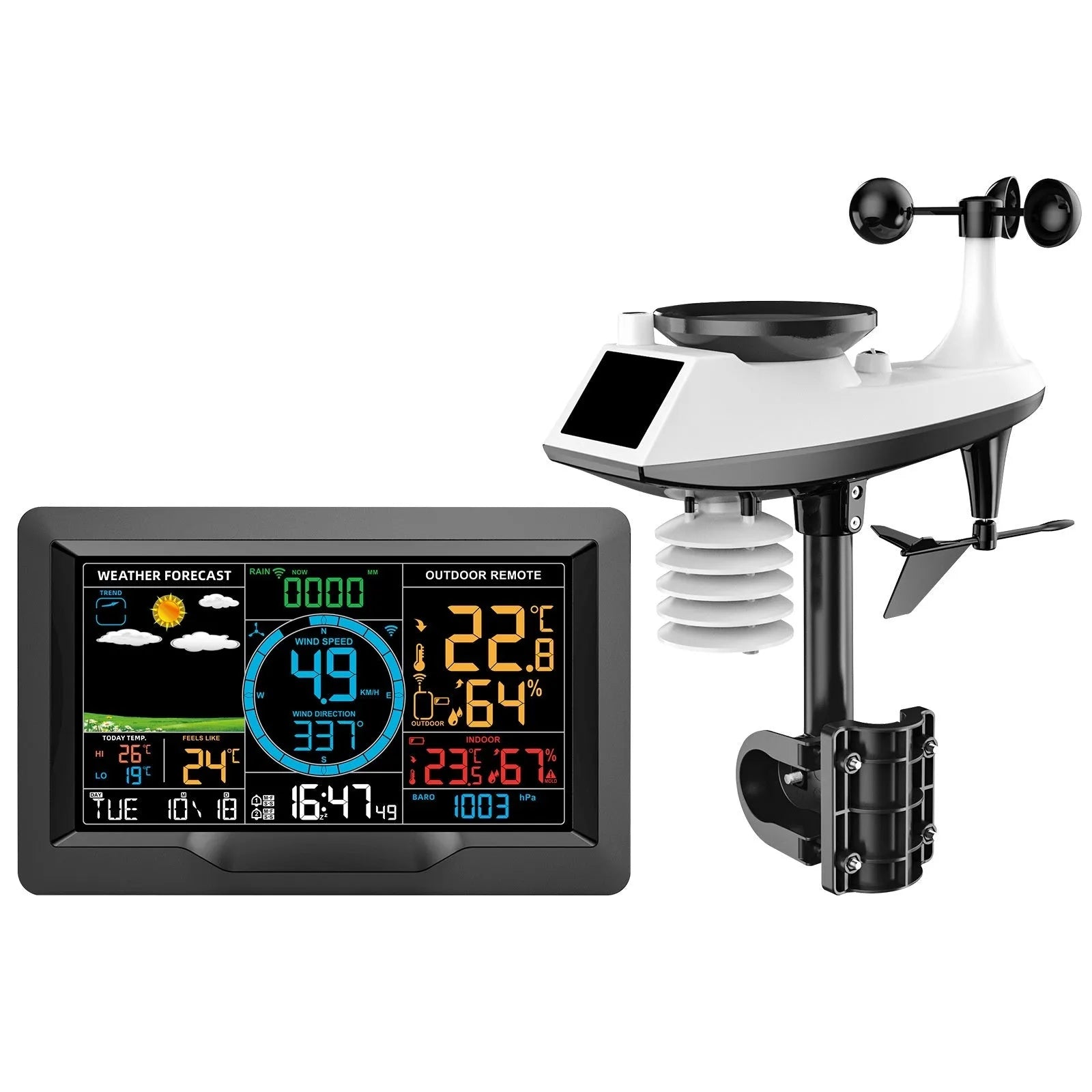 Multifunctional professional weather station with display showing temperature, humidity, wind speed, and rainfall data for indoor outdoor use