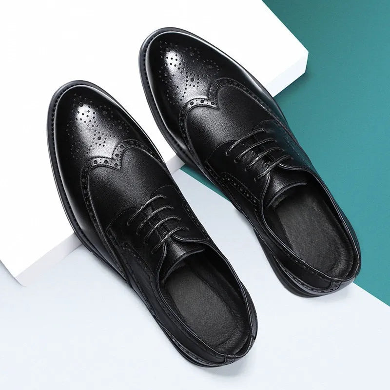 Men's black and brown brogue business shoes with traditional perforated detailing on PU leather upper