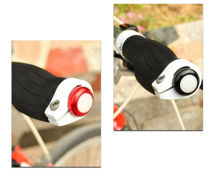A pair of anodised aluminium bicycle handlebar end lights in a choice of colours, showing the red LED and white rubber switch.