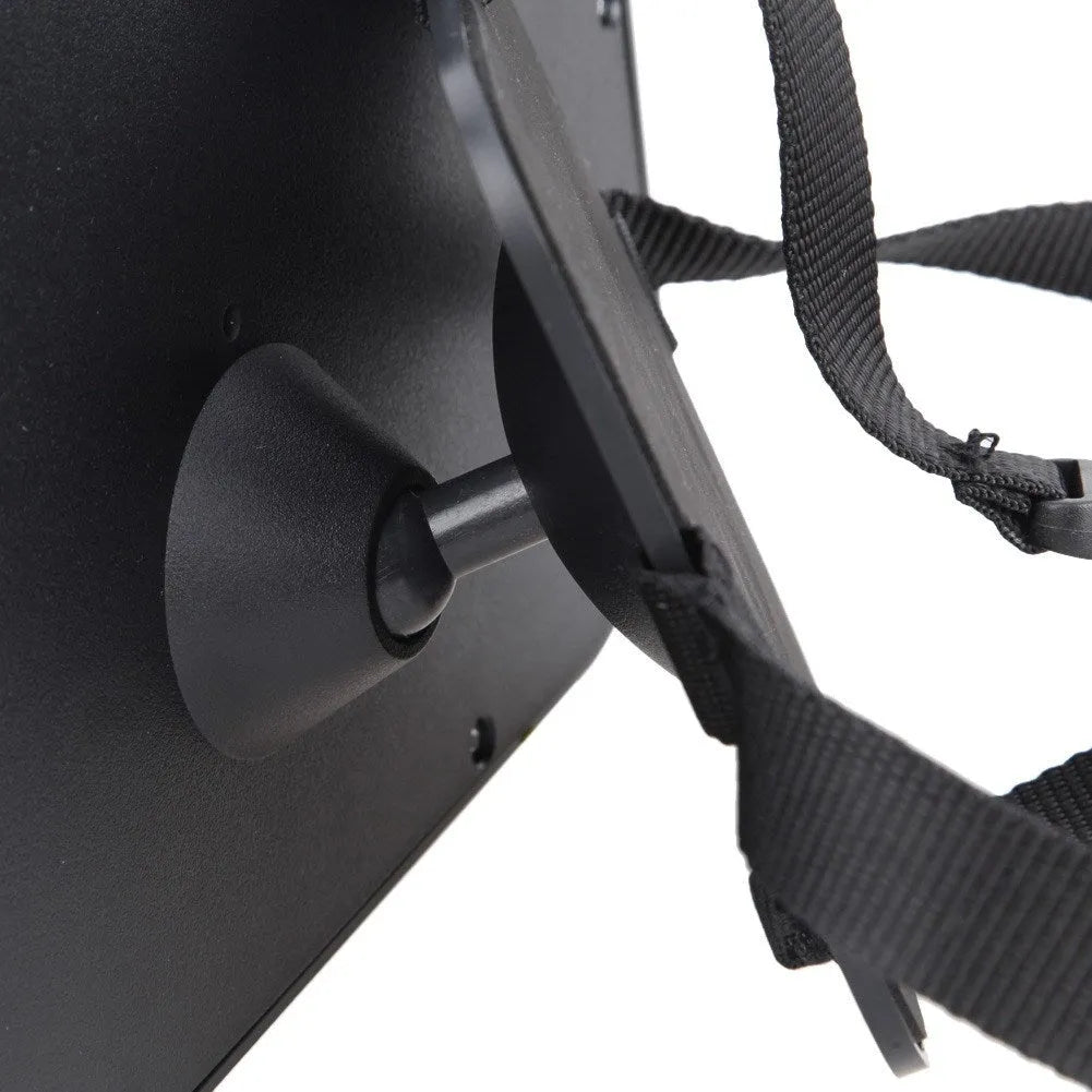 Black baby rear view mirror attached to car headrest with adjustable strap and wide rectangular shape