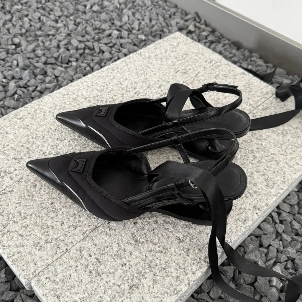 Special-shaped root lace-up high heels in black and pink colours with cowhide upper