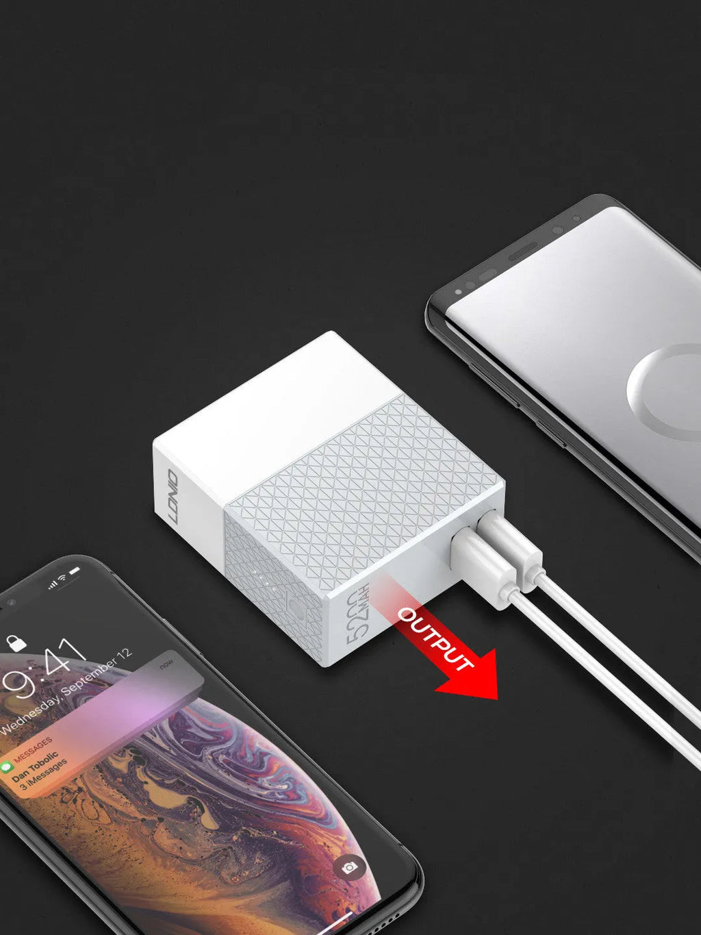 White two-in-one mobile power bank charger with built-in UK, EU, and US plug pins