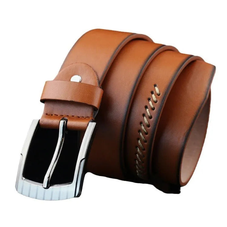 Men's imitation leather belt with alloy pin buckle in black colour showing pattern details