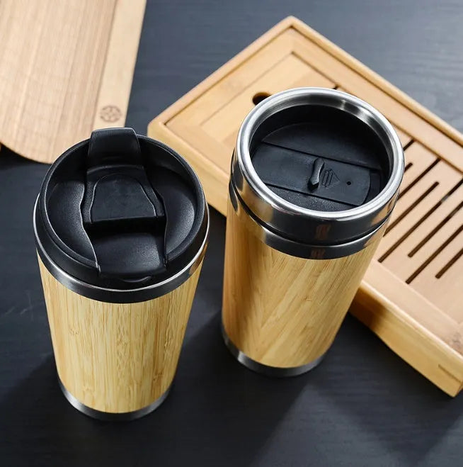 Bamboo travel coffee cup with double-wall insulation and leak-proof lid, 420ml capacity