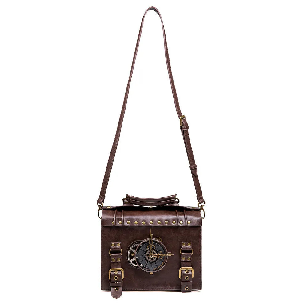 Bronze steampunk style PU leather shoulder bag with metal hardware on a horizontal square pillow bag shape.