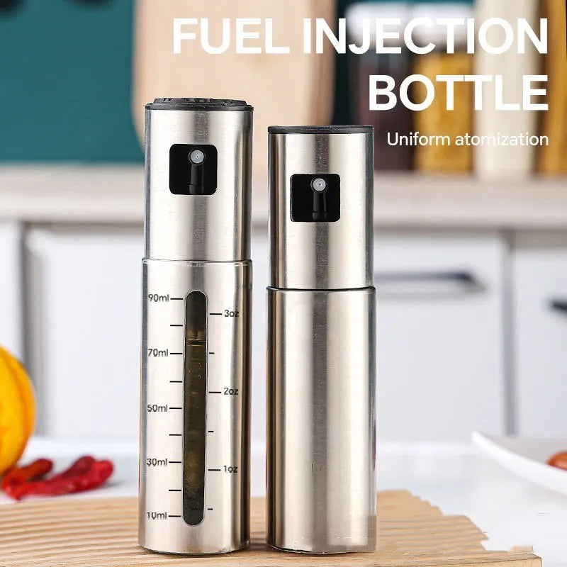 Stainless steel press type oil spray bottle with 100ml glass body and visual scale