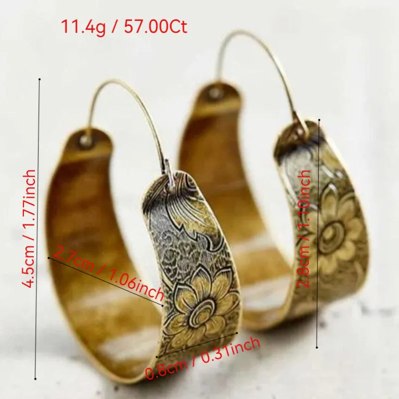 Gold geometric hollow pattern earrings with Maillard styling and petal design elements