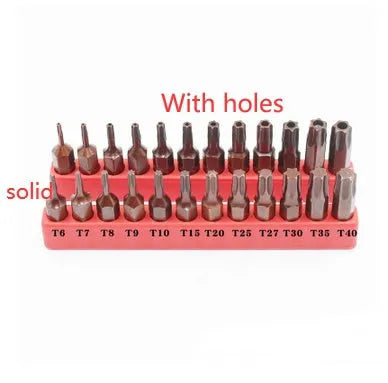 Set of black hex screwdriver bits showing T6 to T40 sizes, magnetic tip, and hollow/solid shank options.