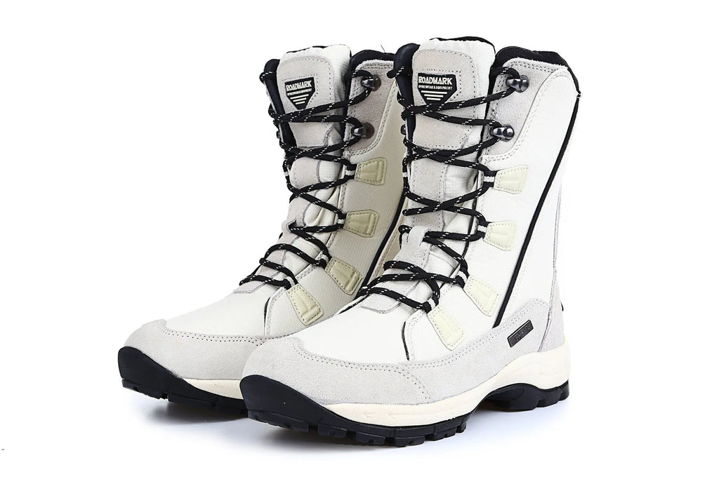 Women's black genuine leather mid-calf snow boots with a round toe and rubber sole.