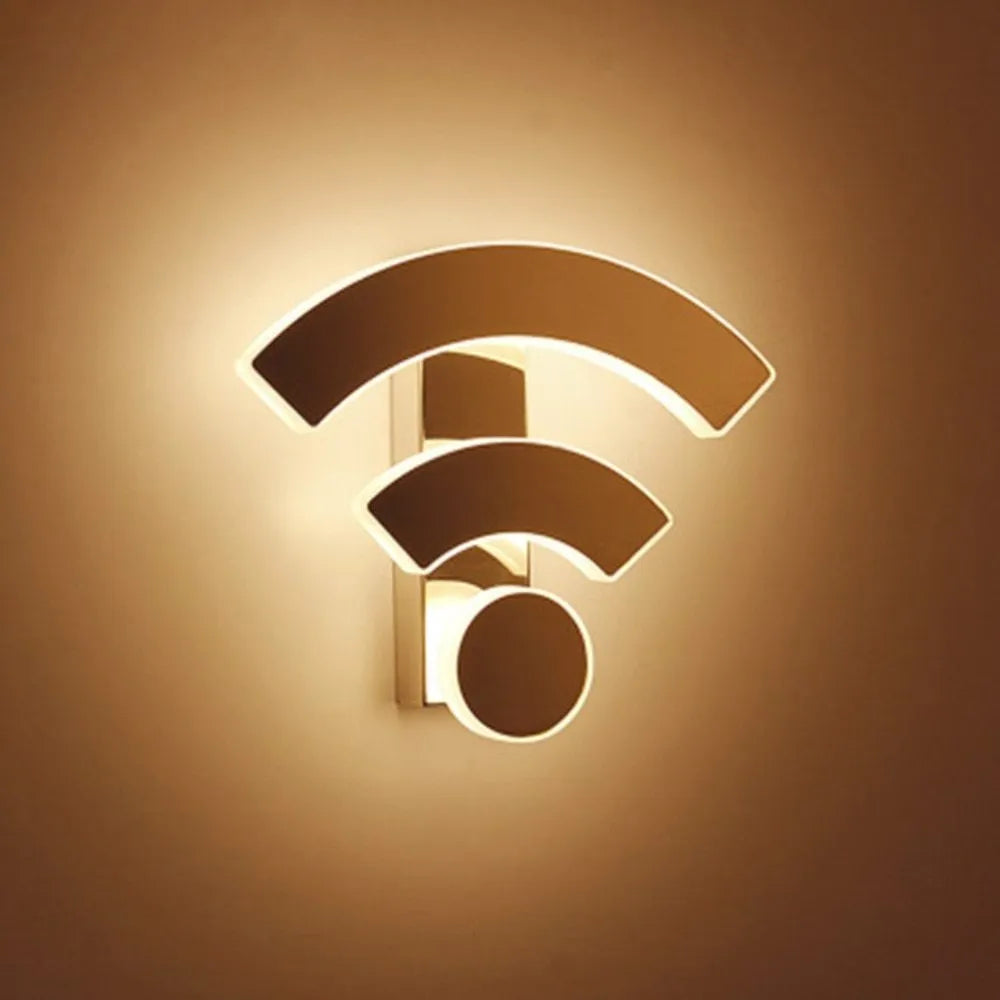 White acrylic WIFI-shaped LED wall light with warm white light on a beige wall