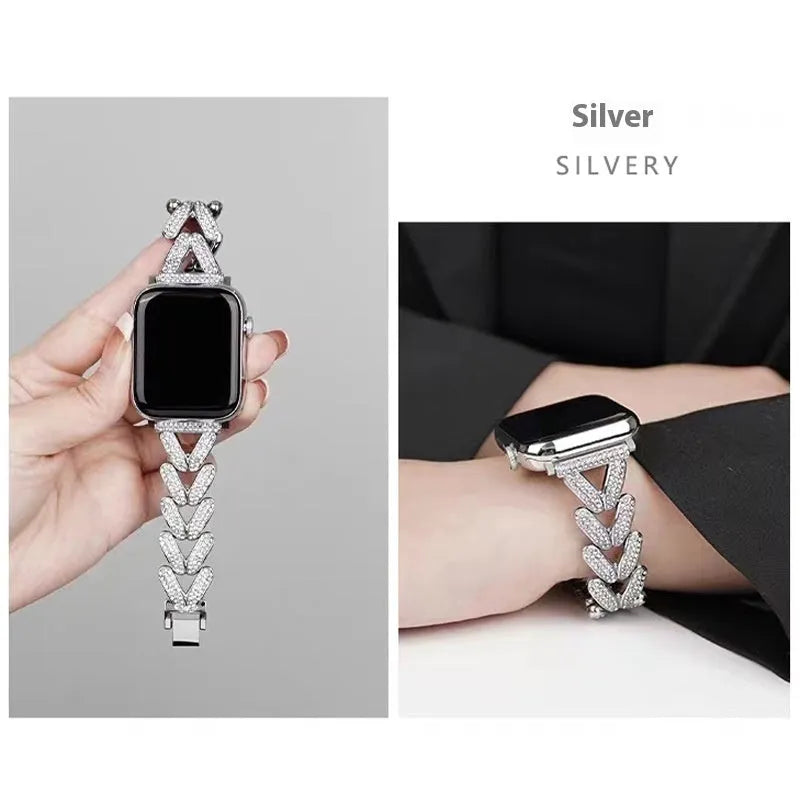 V-shaped metal diamond-embedded strap for Apple Watch in Silver, Starlight, Rose Gold, Gold
