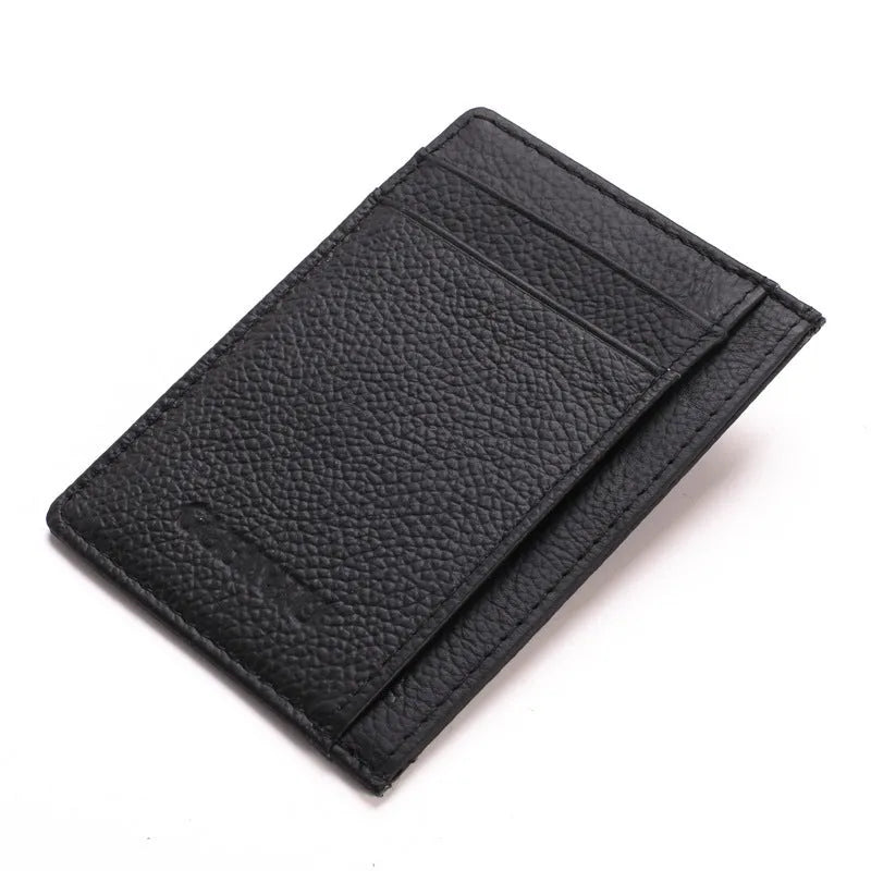 Men's creative genuine leather card holder in dark brown solid colour, slim profile with card slots, 7.8cm by 10.7cm