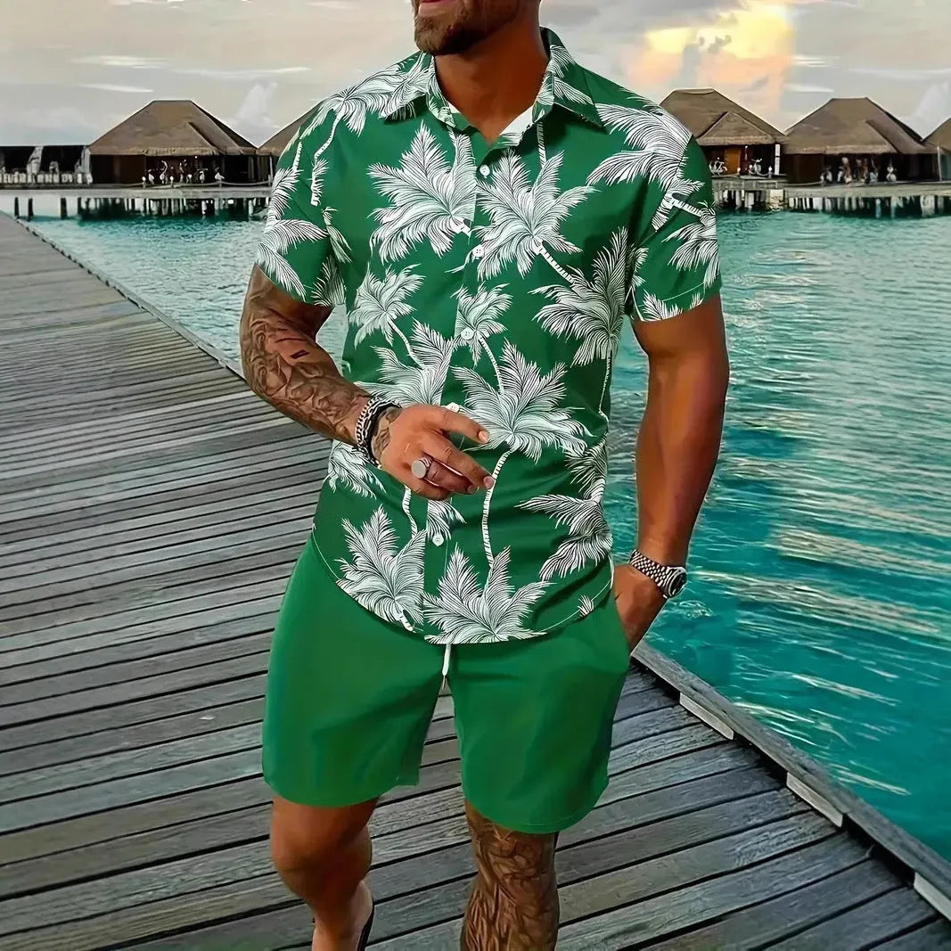 Men's Hawaii-themed short sleeve suit set with printed top and matching shorts on a hanger