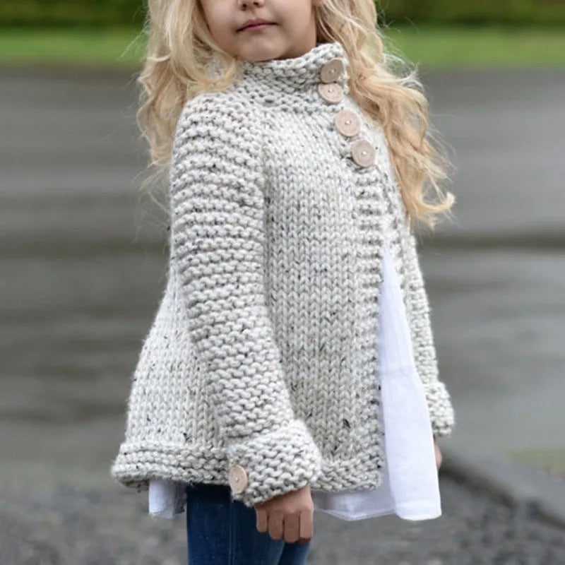 Beige girls' cardigan sweater coat with long sleeves and single-breasted closure