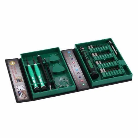 Screwdriver kit with S2 alloy bits in a compact storage case on a workbench