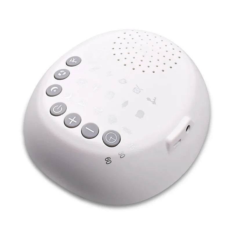 White noise machine with 9 sounds, timer, volume knob and USB cable, white colour, 16.5 x 16 x 6.3 cm