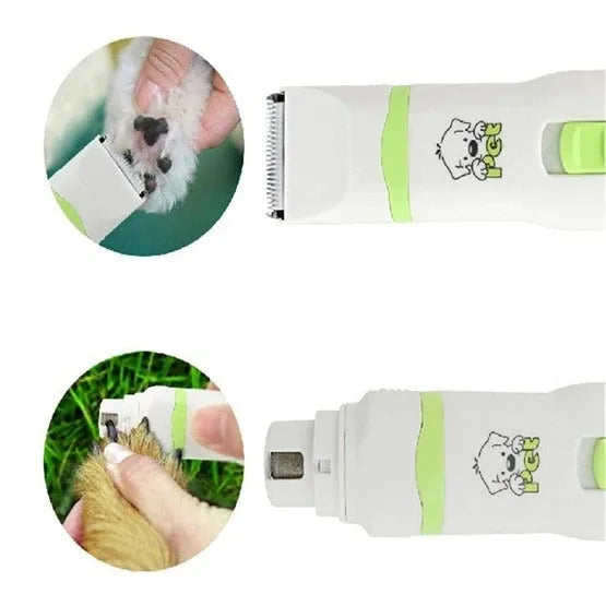 White pet grooming kit with electric hair trimmer, nail polisher, replacement head, lubricant, and small brush