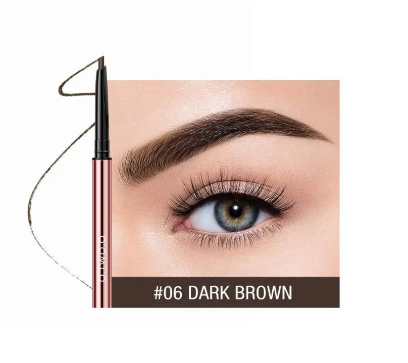 Eyebrow pencil in colour box packaging showing six shade options: Auburn, Blonde, Caramel, Dark Brown, Soft Brown, Taupe.