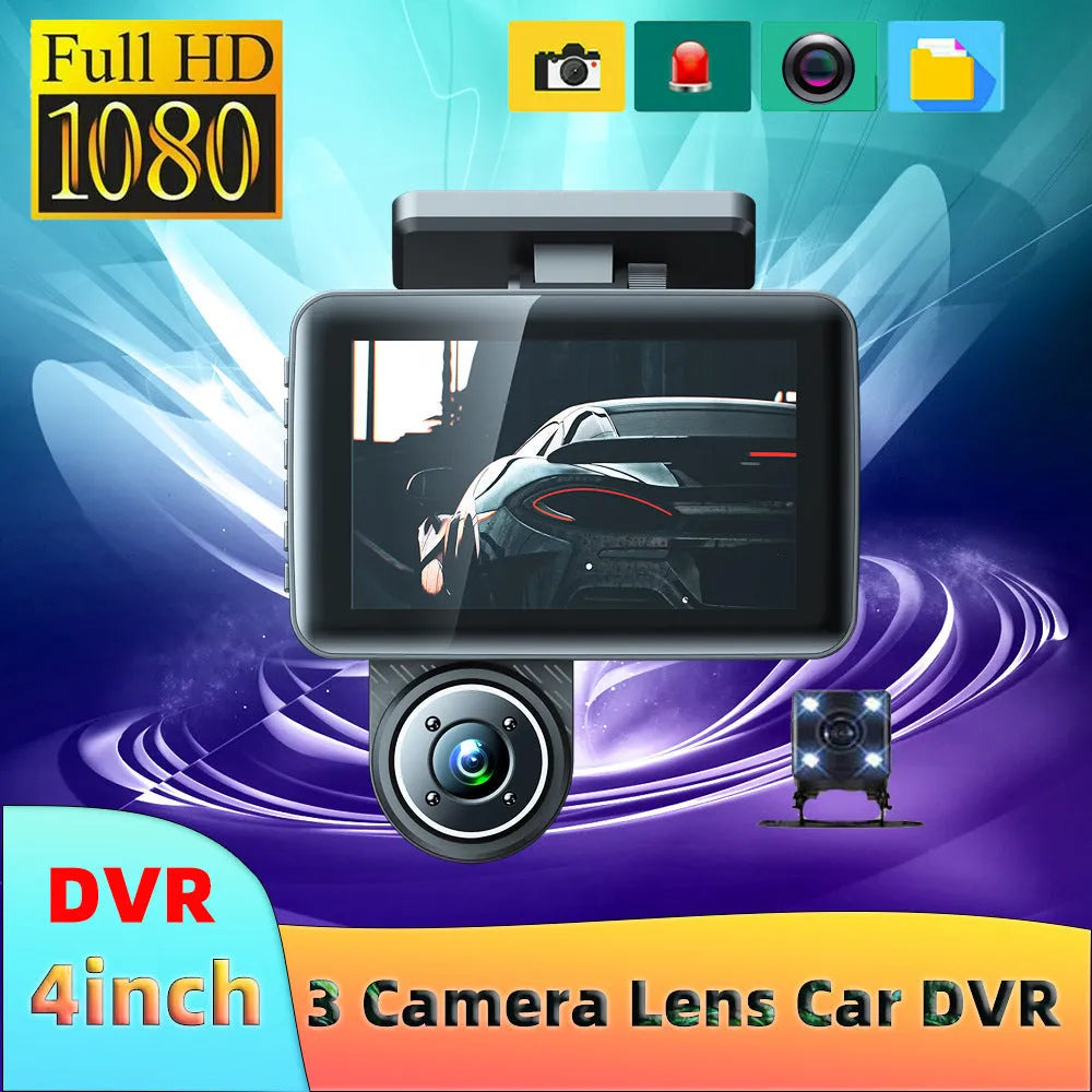 Black 4-inch touch screen car dash cam with wide-angle lens for front and back recording