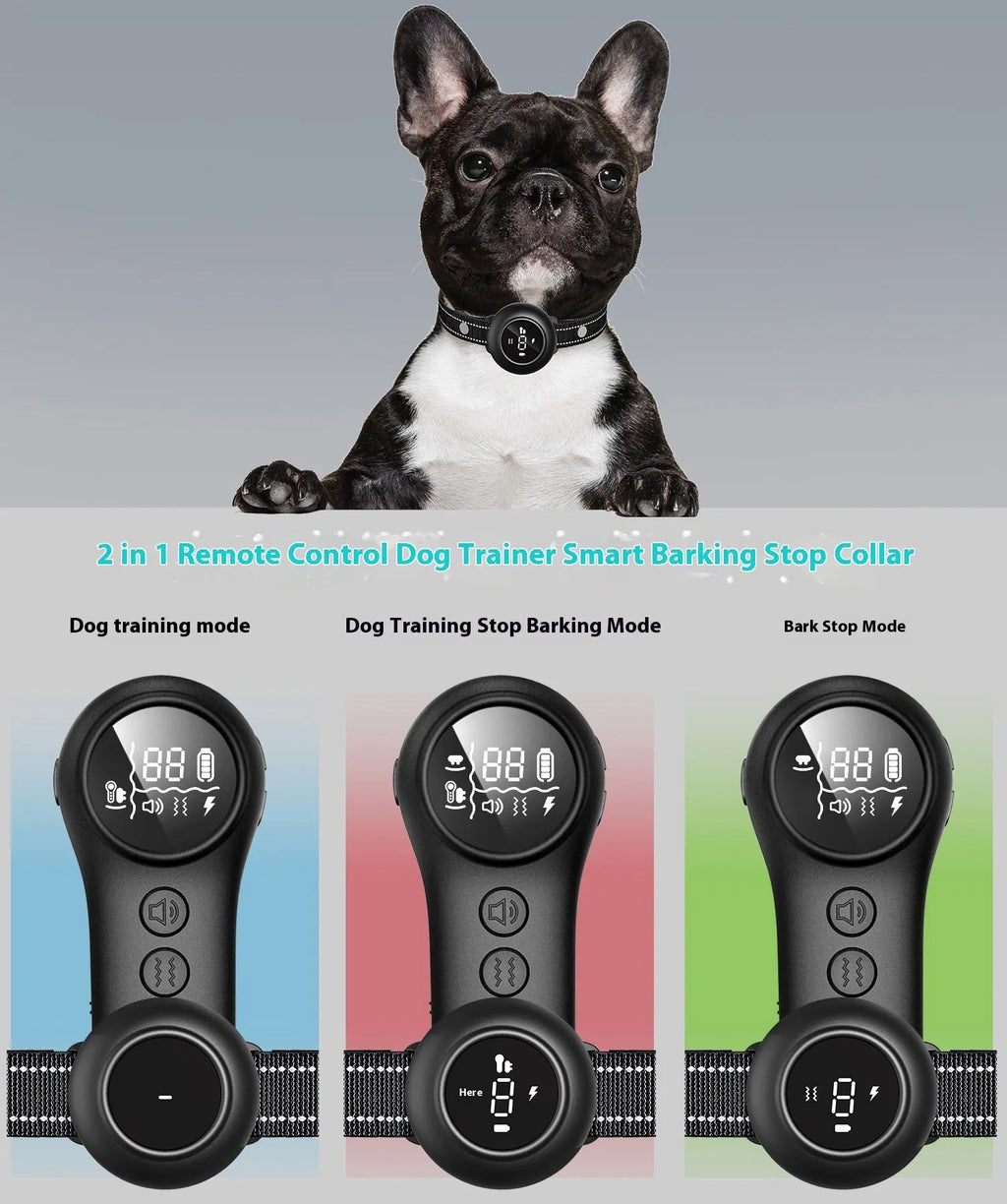 3-in-1 dog trainer bark stopper with three training modes in black ABS plastic casing