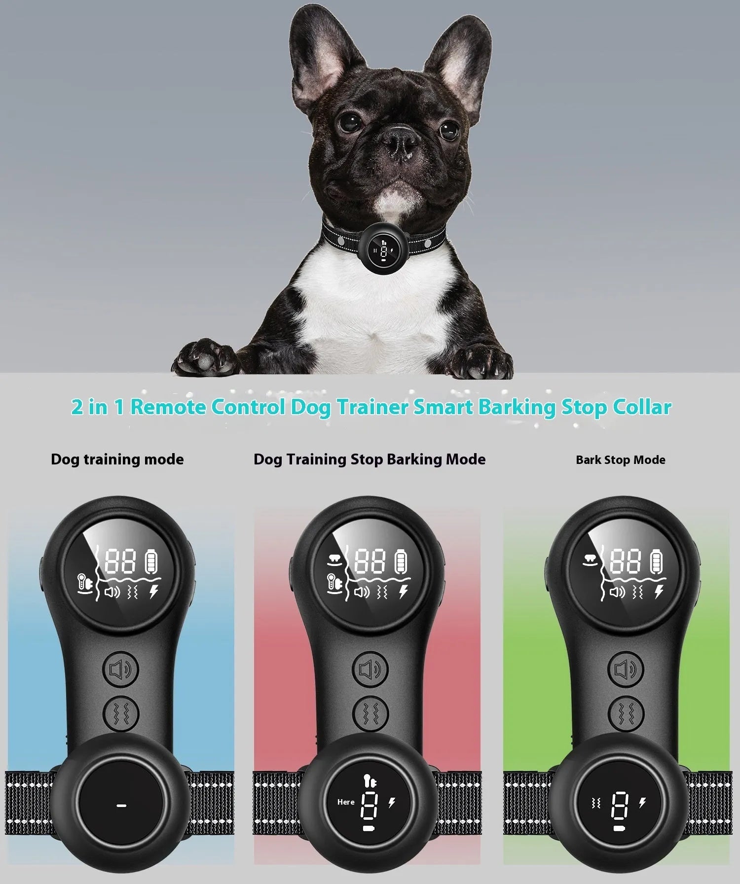 3-in-1 dog trainer bark stopper with three training modes in black ABS plastic casing
