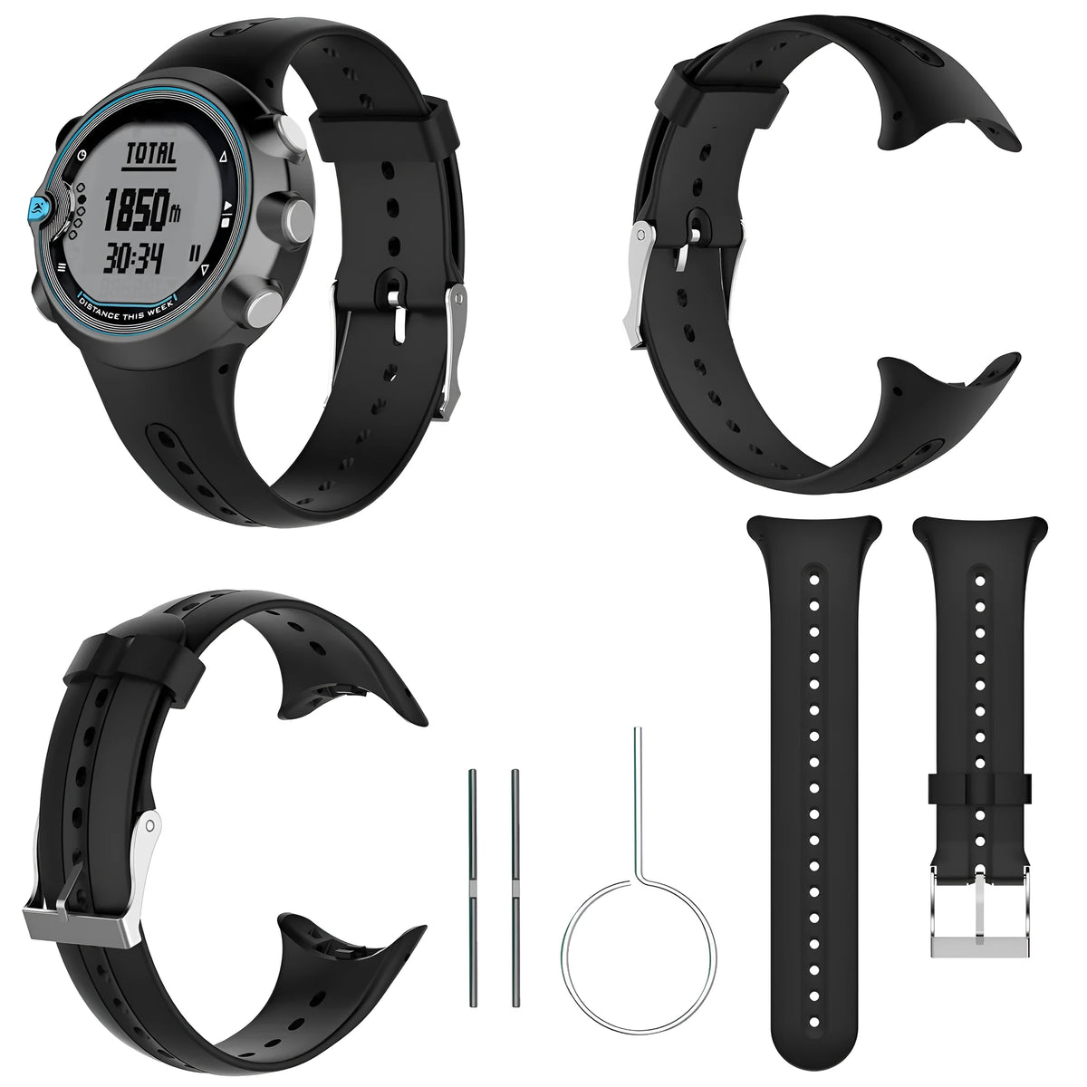 Black silicone swim watch strap with 124mm long belt and 104mm short lace, sports style replacement band