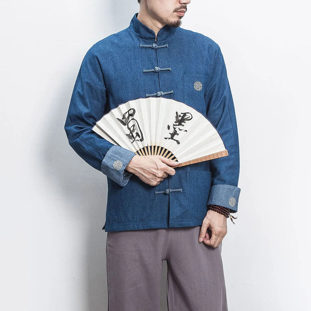 Retro Chinese style hanfu denim jacket top with stand collar and buckle decoration in black, loose fit, long sleeves