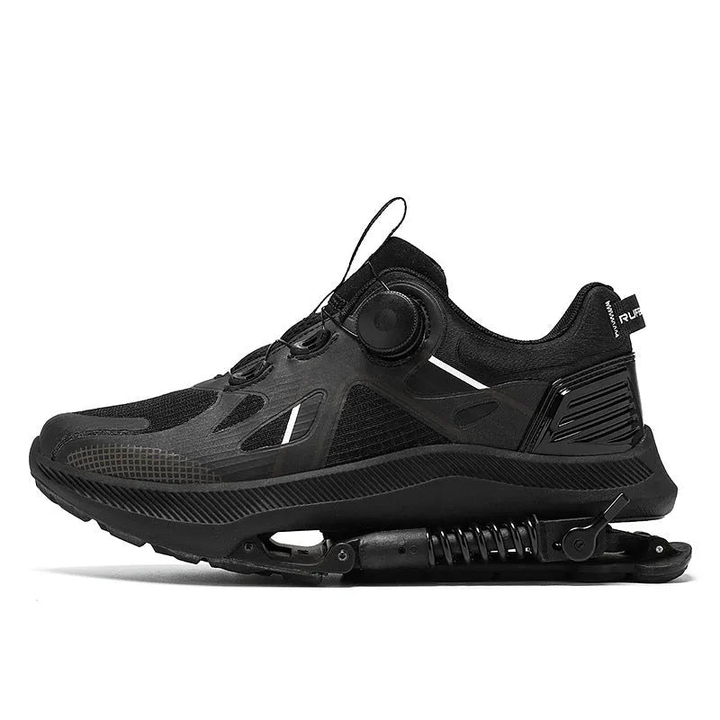 Black running shoes with mesh upper, leather stitching detail, and a buckle closure on the middle top.