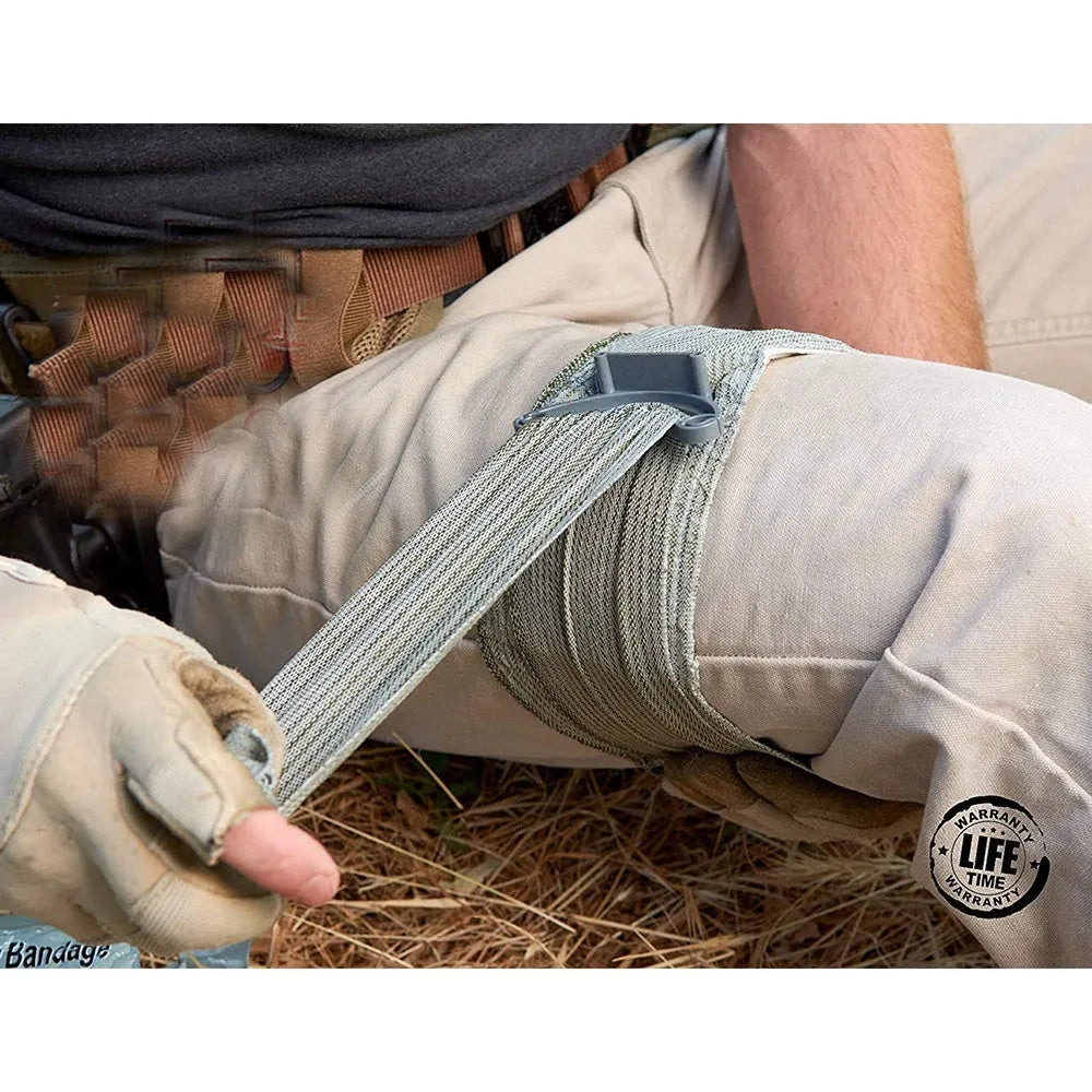 Tactical haemostatic gauze bandage in sterile packaging showing 4-inch and 6-inch size options