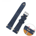Genuine suede leather watch strap in small waist design showing colour options: brown, blue, grey, army green.