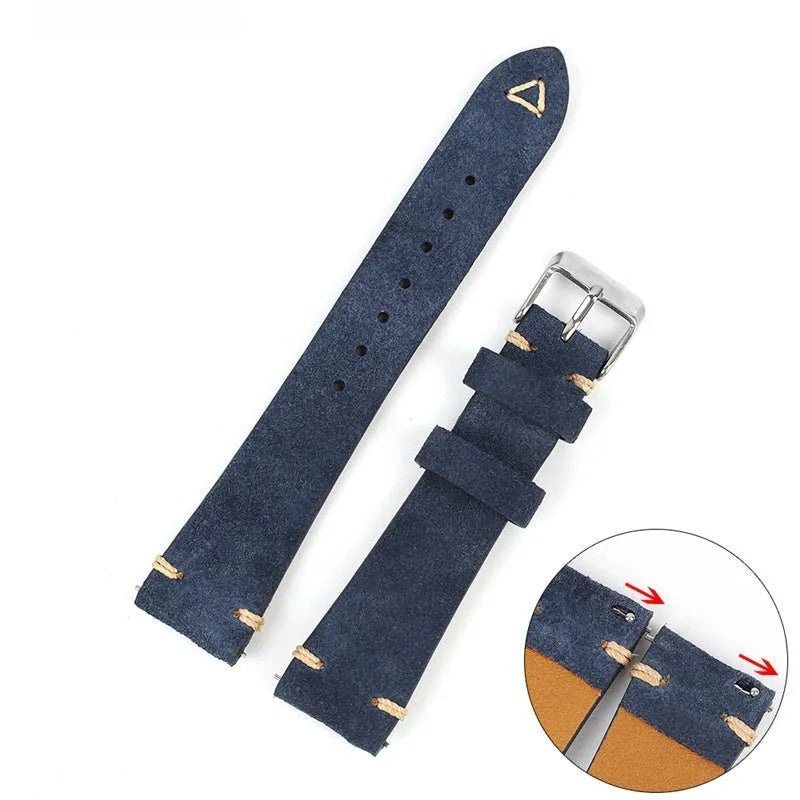 Genuine suede leather watch strap in small waist design showing colour options: brown, blue, grey, army green.