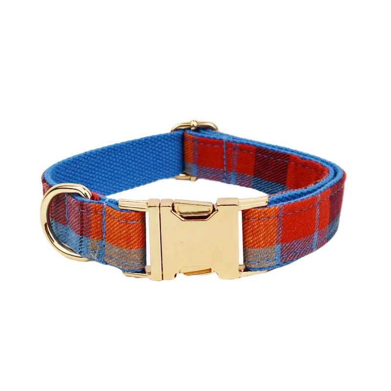Four-piece dog accessory set with collar, leash, bow tie, and cloth vest in cloth fabric