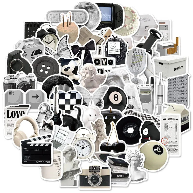 Assortment of 61 black and white line-art PVC stickers for laptops and luggage.