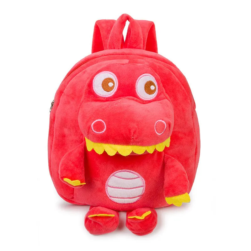 Soft blue dinosaur plush backpack for children with embroidery, shown with a soft handle and polyester lining.