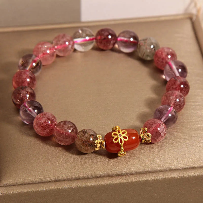 Natural Super Seven Crystal bracelet for women showing White Crystal and Red Agate in a cartoon style.