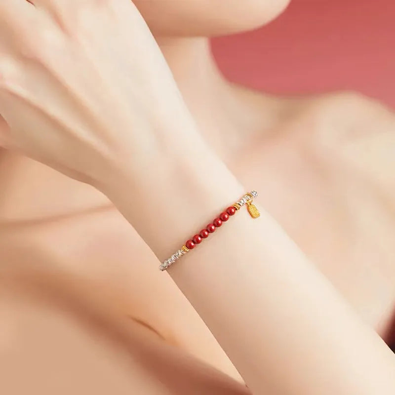 Geometric copper couple bracelet with round silver lucky beads measuring 16cm with white K finish