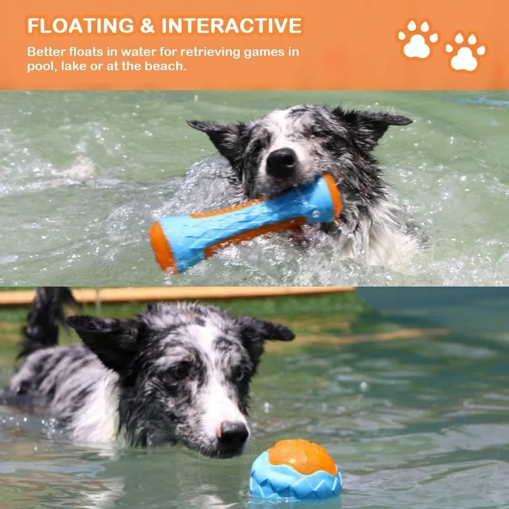 Set of three floating TPR dog toys: a red squeaky ball, a blue squeaky barbell, and an orange squeaky tire on a blue background.