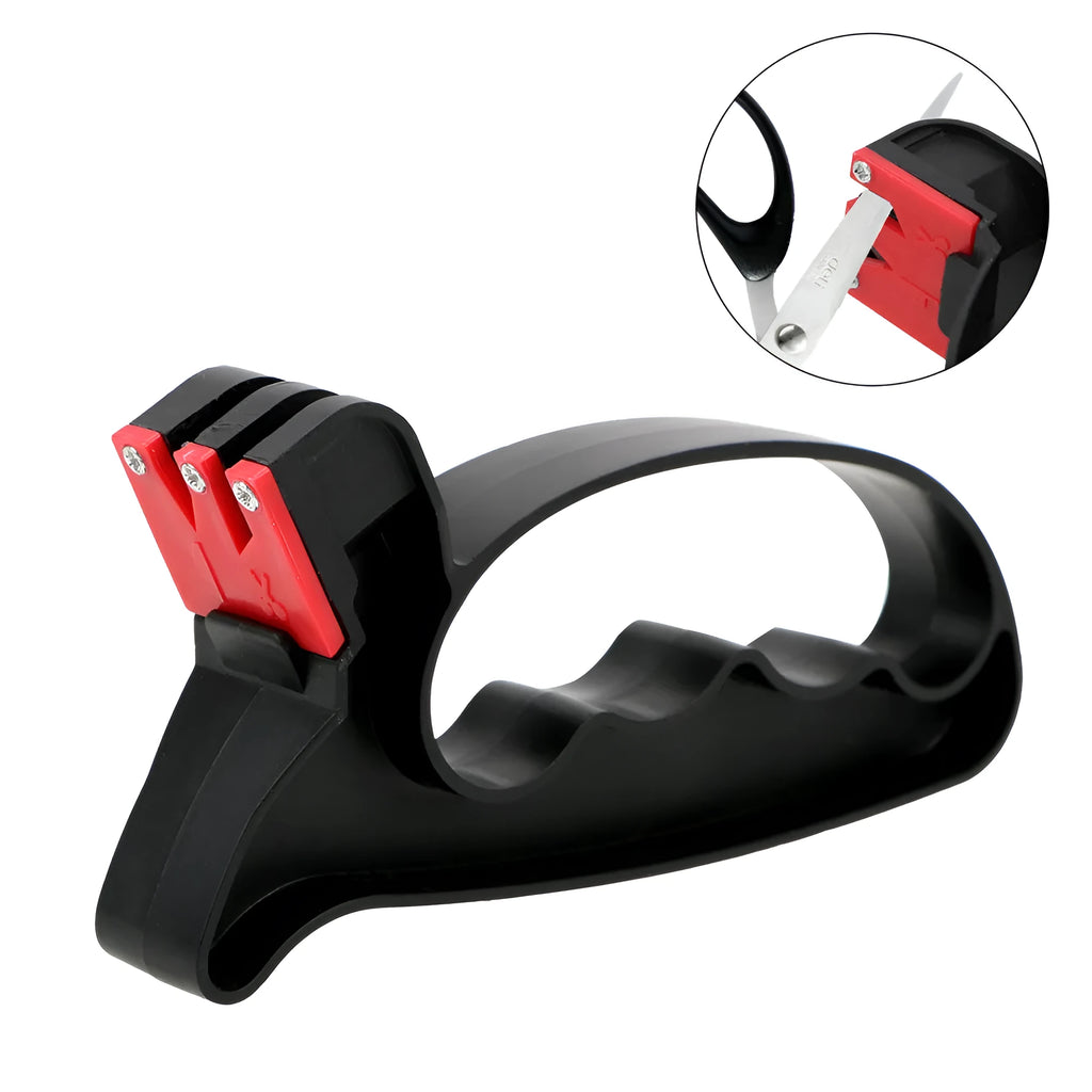 Black handheld knife and scissor sharpener with a tungsten steel blade
