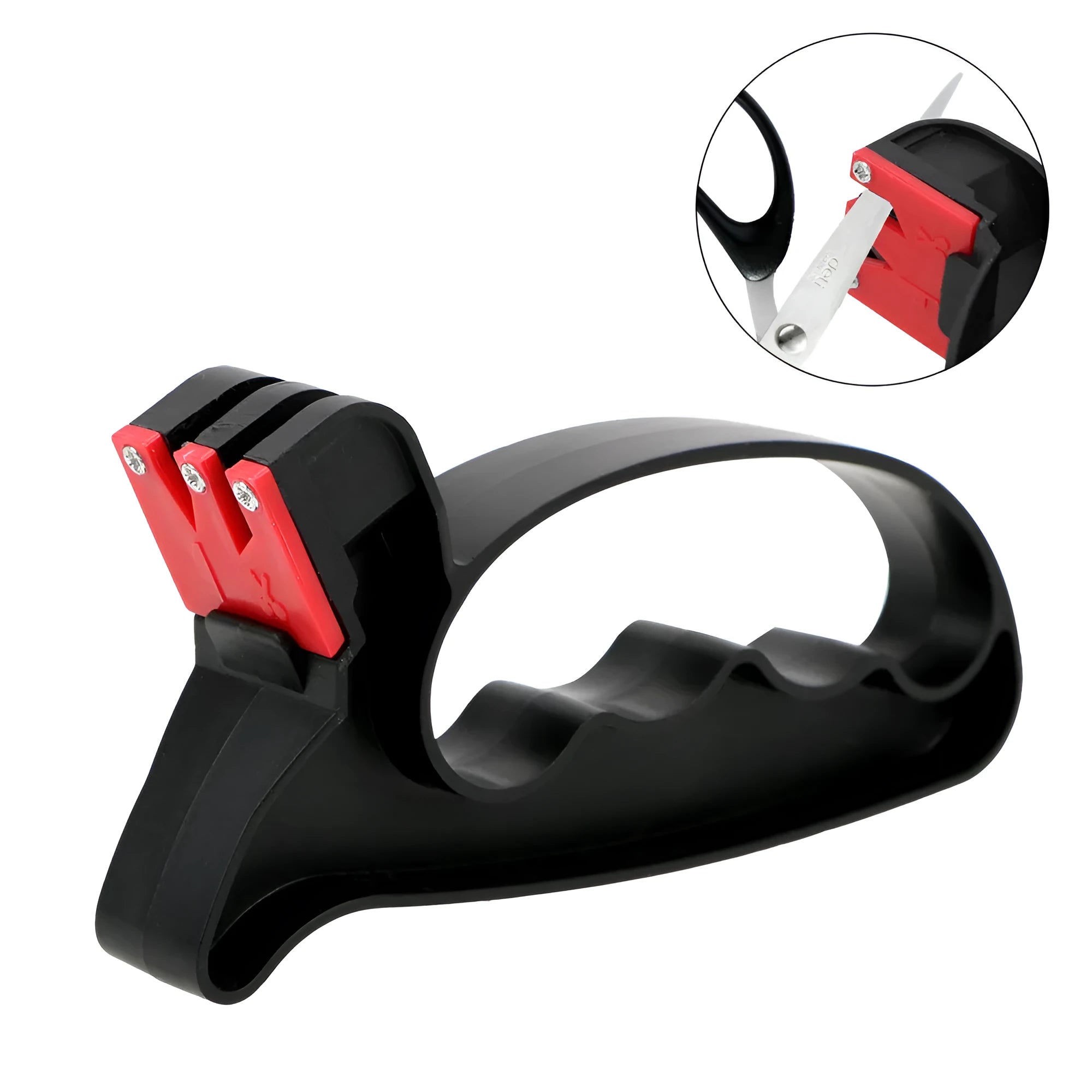Black handheld knife and scissor sharpener with a tungsten steel blade